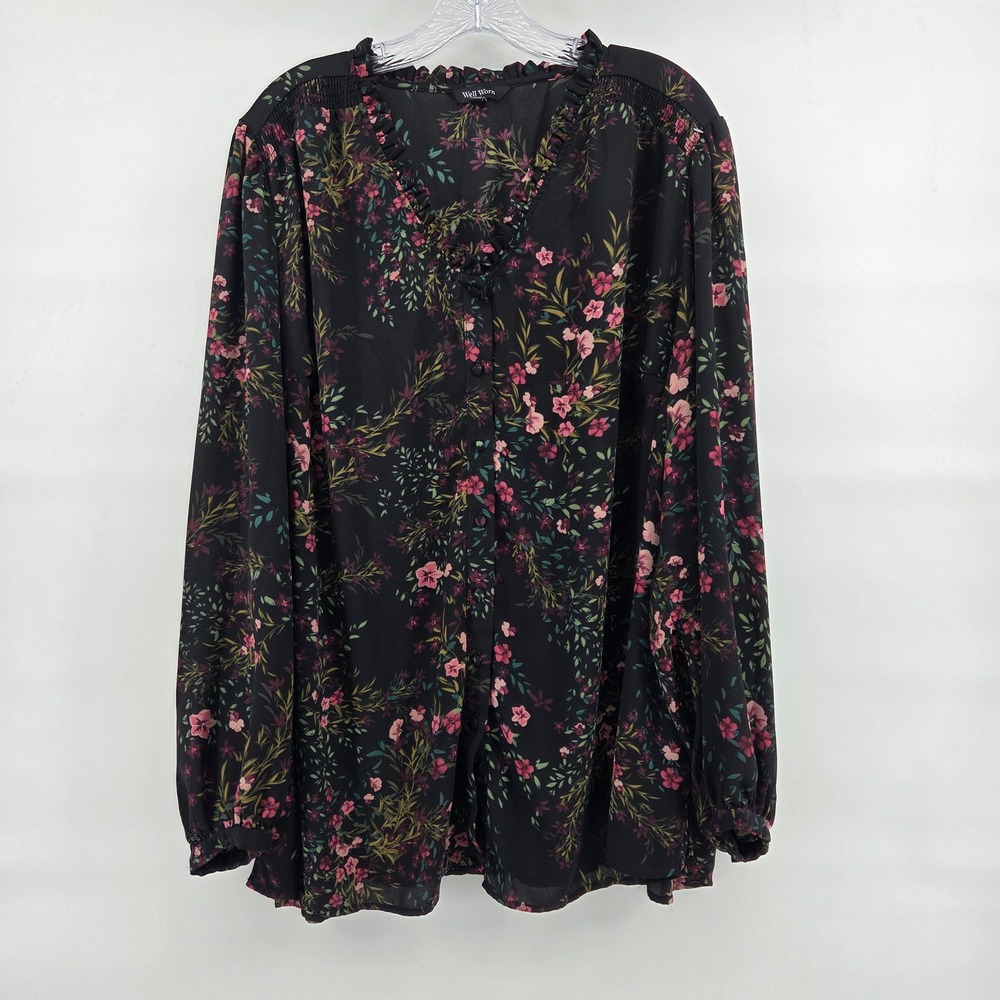 Well Worn Blouse 3X Black Floral Ruffle V-Neck Button Front Romantic Fairygoth